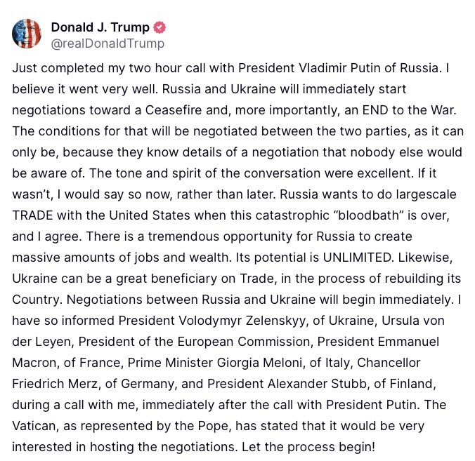 Tweet of Donald Trump After Call with President Putin of Russia