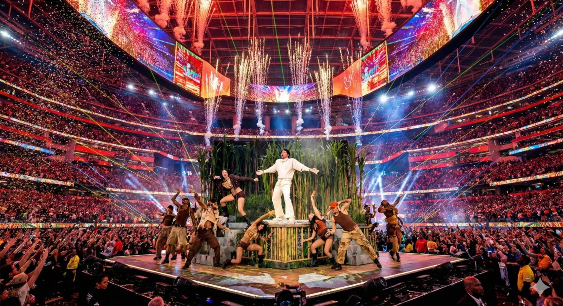 Bad Bunny performs during the Super Bowl LX halftime show at Levi’s Stadium as fireworks light up the sky.