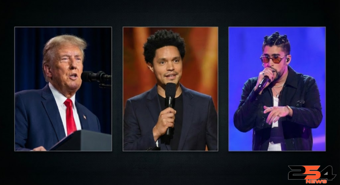 A split-screen collage featuring President Donald Trump speaking at a podium, Trevor Noah on stage hosting the 2026 Grammy Awards, and Bad Bunny