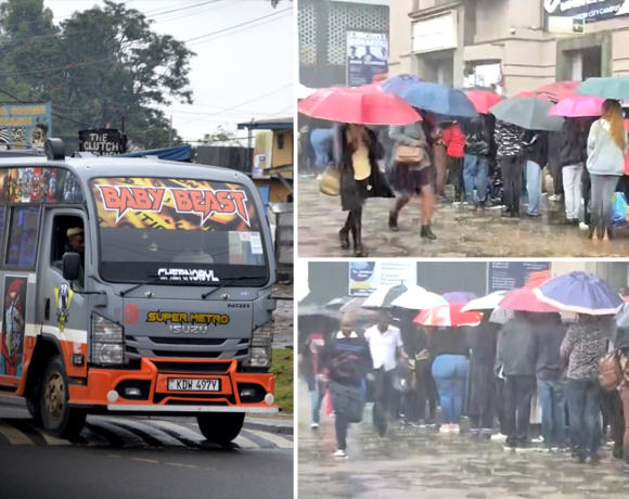 Nairobi commuters queue in heavy rain waiting to board a Super Metro bus.