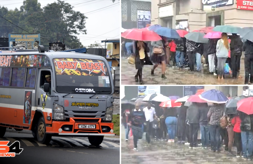 Nairobi commuters queue in heavy rain waiting to board a Super Metro bus.