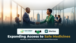 A pharmacist serving a customer as ASAP Credit and Weritas Health announce a pharmacy financing programme to improve access to verified medicines in Kenya.