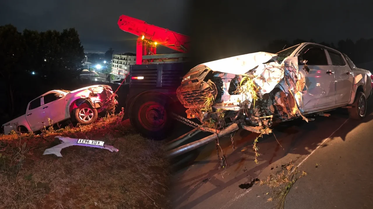 Kitutu Masaba MP Clive Gisairo surveys his damaged vehicle following a nighttime collision with a state pickup on the Nairobi highway. (Photo: