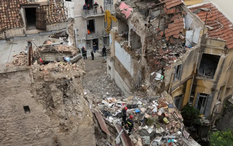 Debris from a destroyed building in Athens’ Plaka district