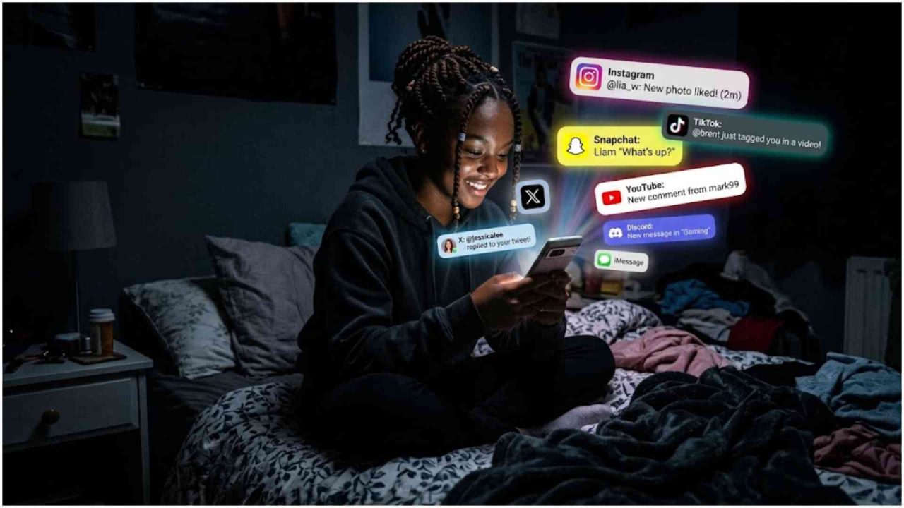Illustration showing online safety concerns involving teenagers and social media.