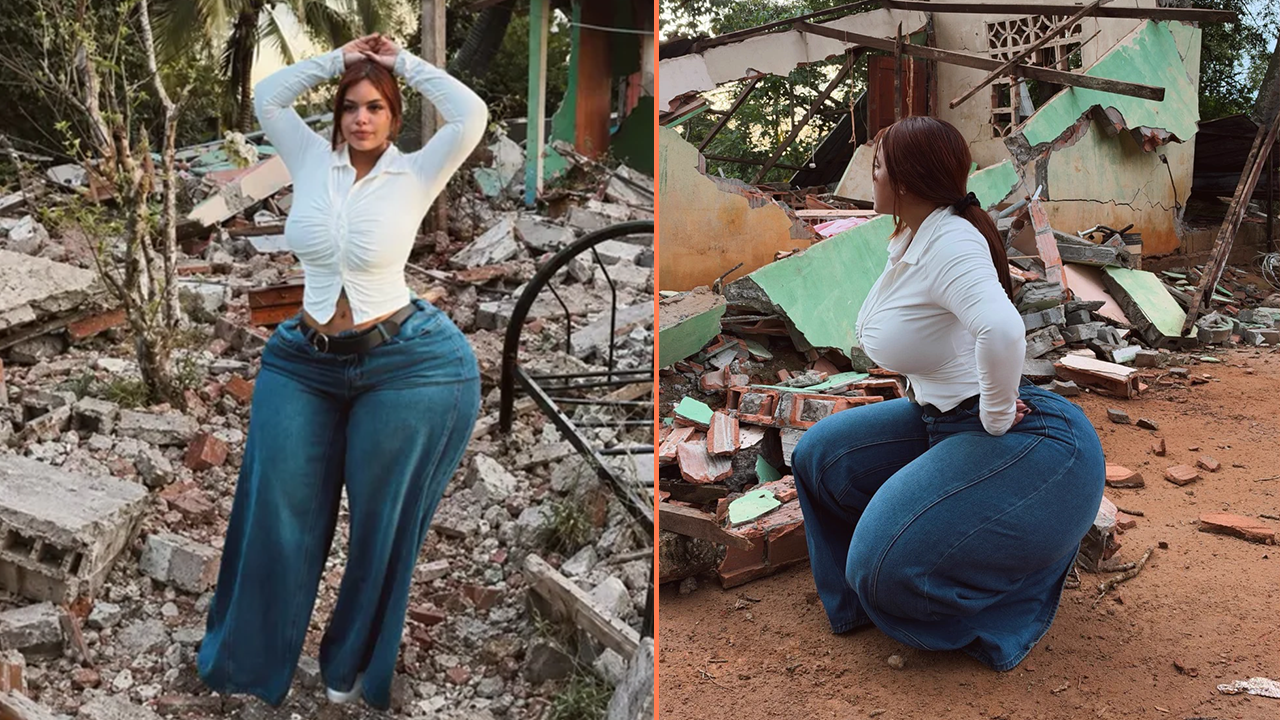 Gracie Bon wearing white among earthquake debris in Panama