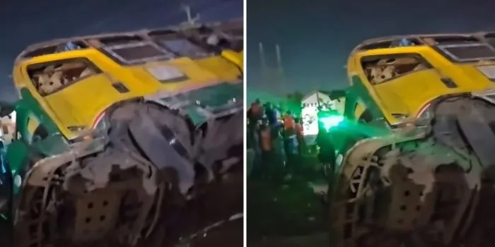 Crowds near an overturned Forward Sacco matatu on Kangundo Road