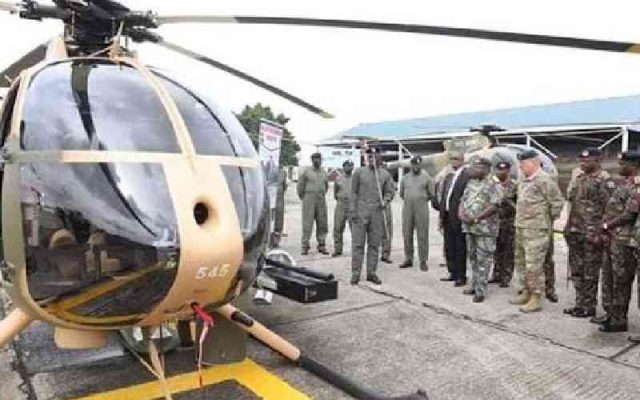 KDF welcomes MD500 helicopters from South Korea with water salute