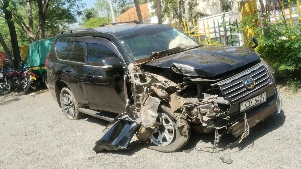 Black Toyota Prado damaged after a crash near Oile Park in Kisumu
