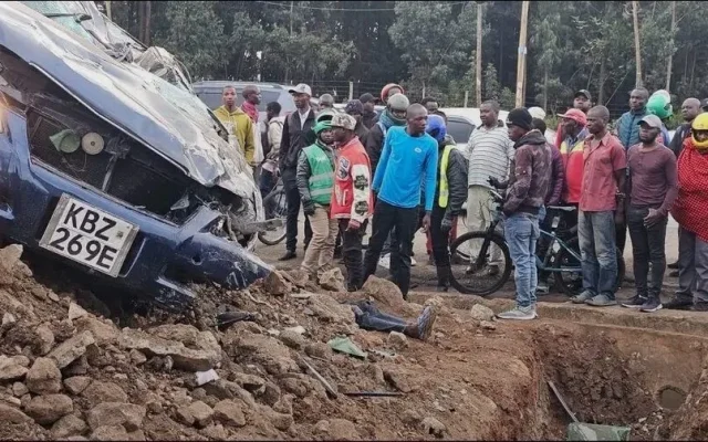Ngong Road crash leaves three feared dead as car burns at Kenol Stage