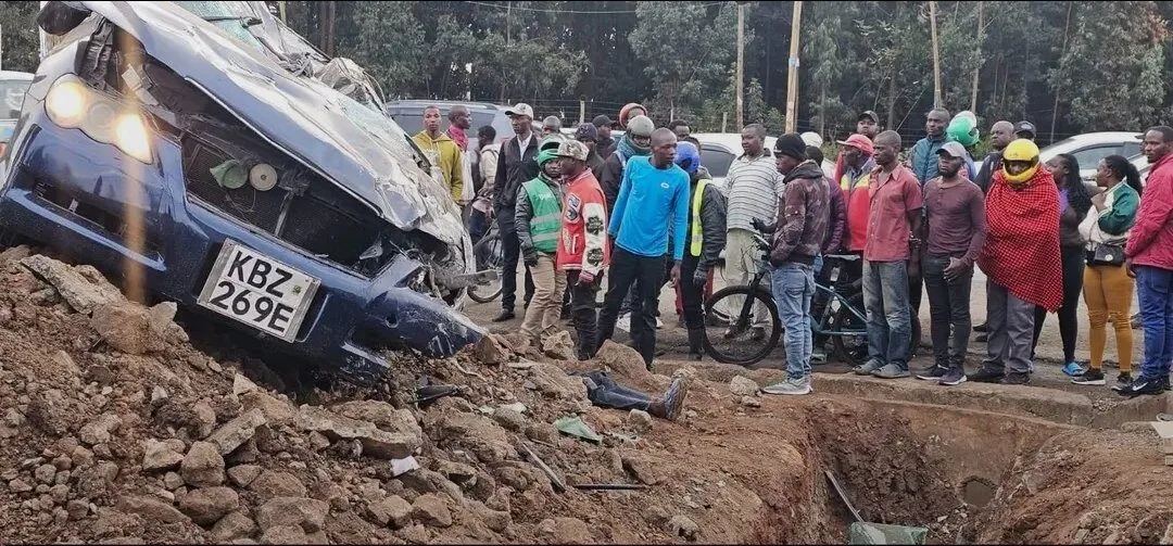 Saloon car fire following a crash at Kenol Stage on Ngong Road