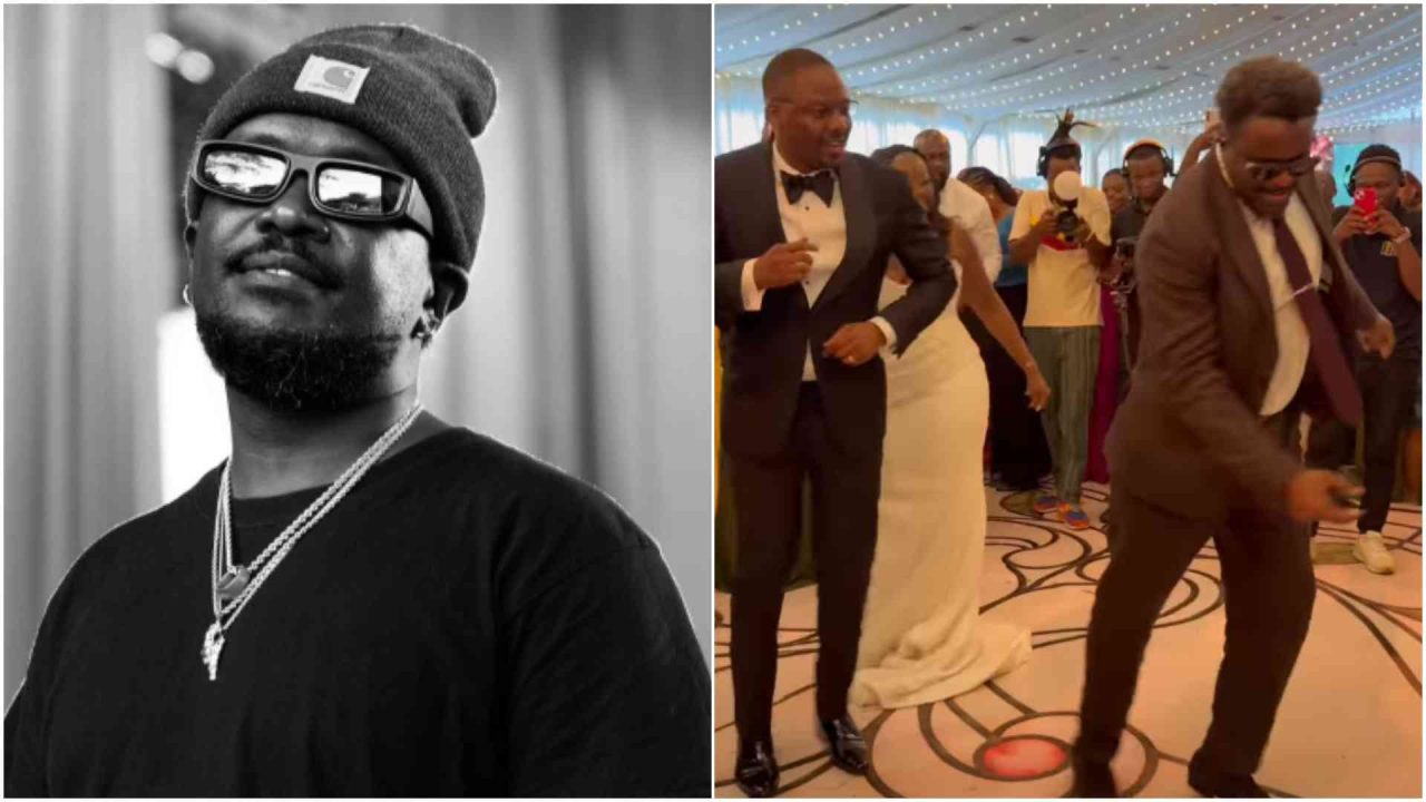 Nyashinski dancing with newlyweds Tracy and Robin Bett at their wedding reception