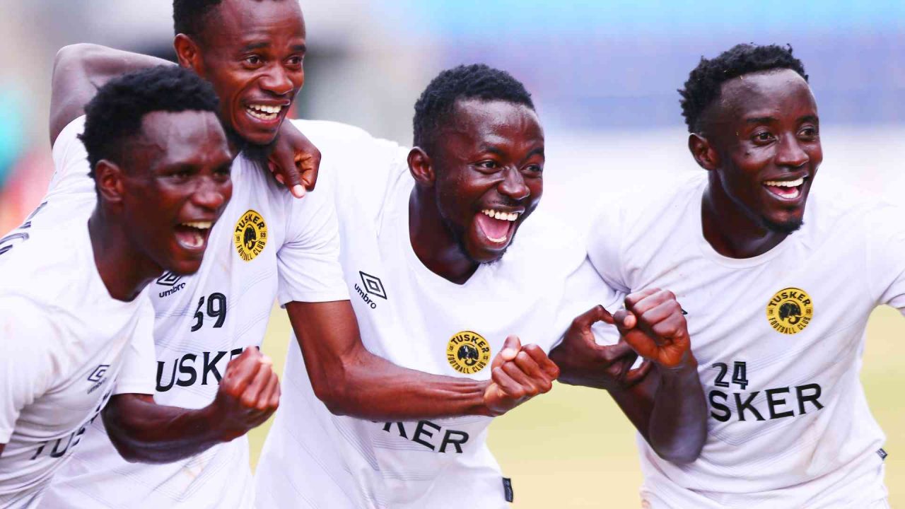 Tusker players celebrate Victor Mbaoma’s goal against Ulinzi at Lang’ata Complex